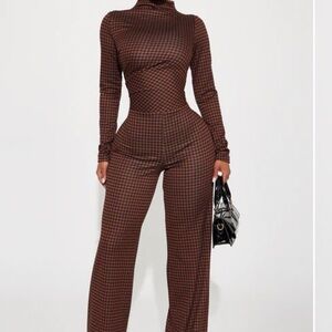 Fashion Nova Brown Houndstooth Long-Sleeve Jumpsuit